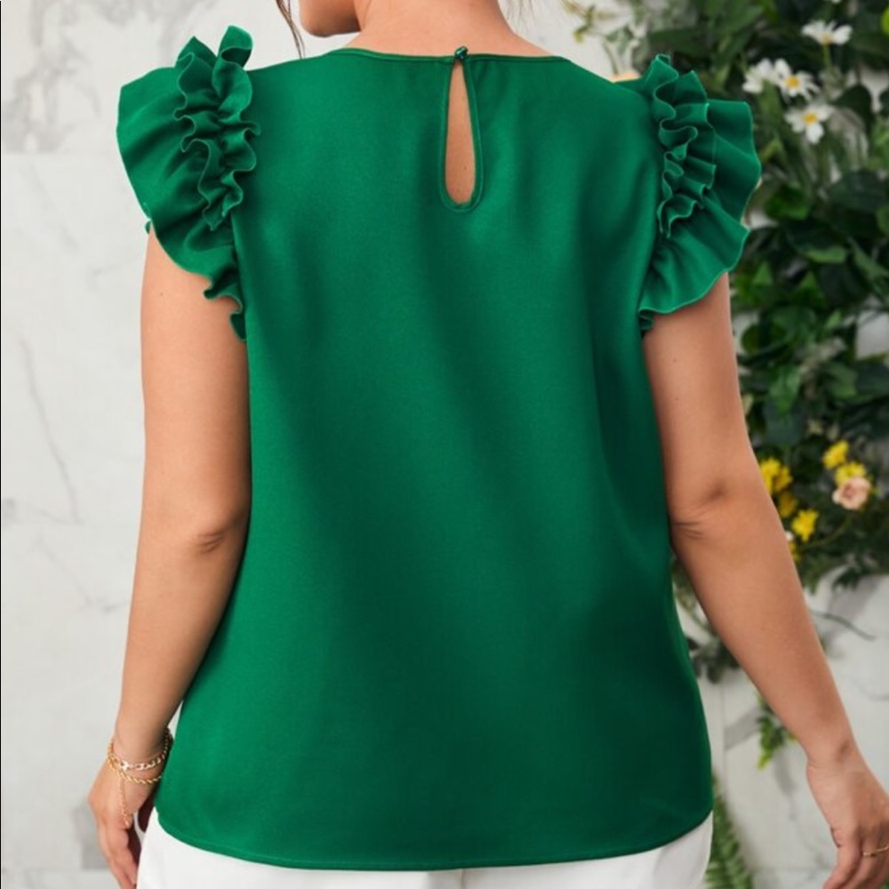 Plus Size Ruffle Cap Sleeve Office Work Top Blouse Blue - Picture 5 of 10